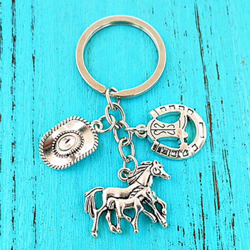 American West Denim Theme Alloy Horses Horseshoe Denim Hat Pendant Keychain Backpack Accessories Holiday Gifts