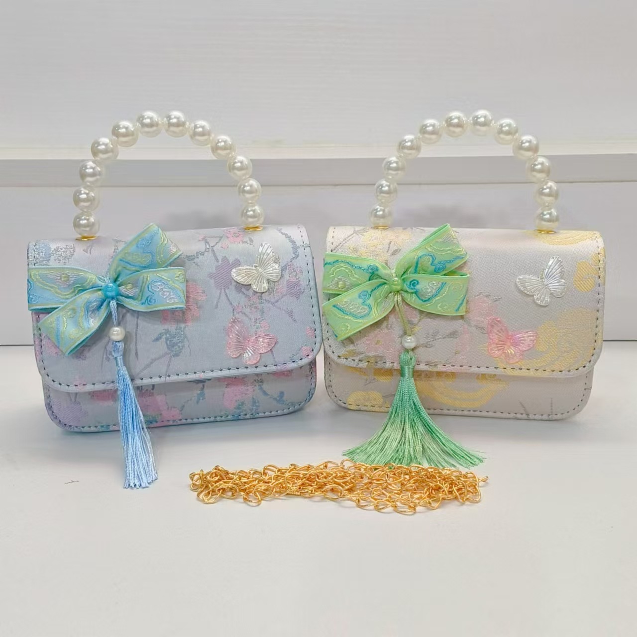 Bolsa de arco de estilo nacional de la princesa bolso de perla bolso de cadena bolso cuadrado bolso accesorios de ropa china para niños regalos de vacaciones de niñas