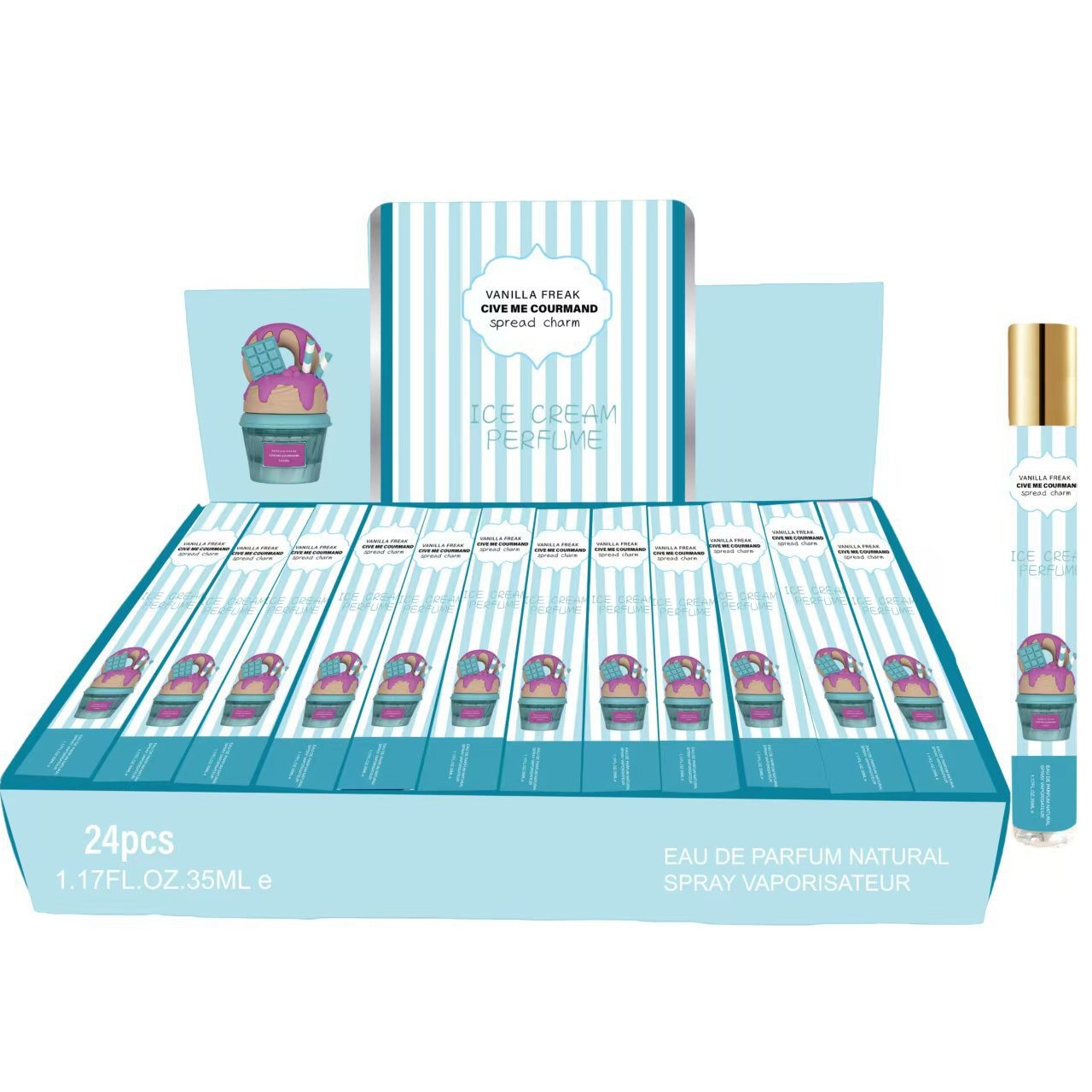 Fronteriza venta caliente de vainilla helado perfume lindo paquete de perfume duradero 35ml perfume al por mayor