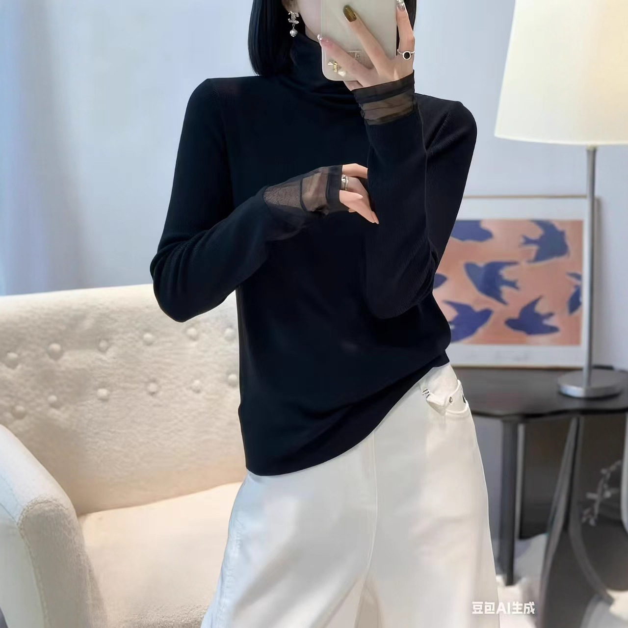 Fake Two-Piece Layered Mesh Pile Collar Bottoming Shirt for Women, New Autumn and Winter Pure Color Inner Fine Wool Top