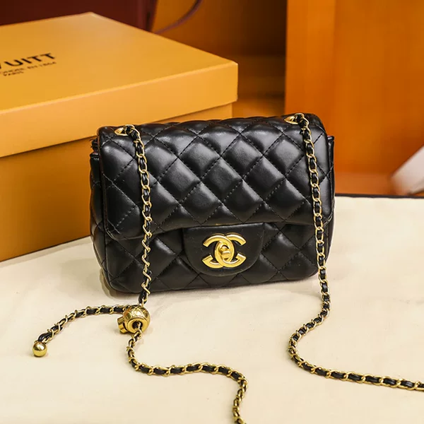 Branded Bags 2026 New Trendy Fashion Shoulder Bag Chanel-Style Quilted Chain Gold Bead Square Leather Women's Bag