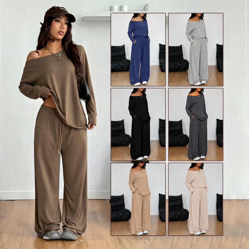 European and American cross-border slanted collar wide-leg pants set 2026 autumn and winter women's casual solid color sports two-piece loose long pants set European and American cross-border slanted collar wide-leg pants set 2026 autumn and winter women's casual solid color sports two-piece loose long pants set