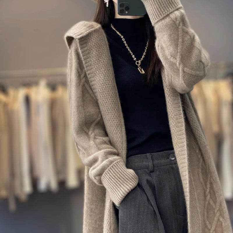 [Brand Selection] Women's Cardigan Coat, Mid-Length Loose Hooded Sweater, Plus Size Knitwear, Thick Outerwear