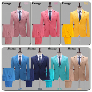 Colorful pink yellow blue  youth men music production suit singers host stage dress blazers and pants groomsman photos shooting costumes pink blue and yellow