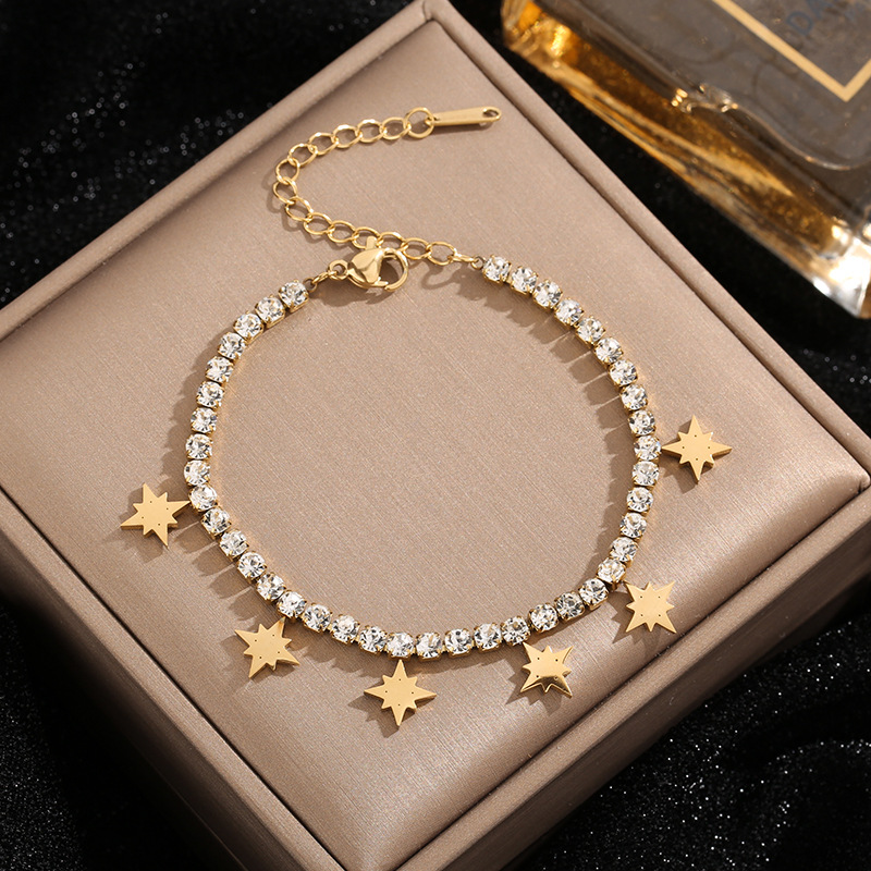 18g Weight Zircon Inlay Material Vintage Style Eight Awn Star Titanium Steel Plating Inlay Zircon Bracelets