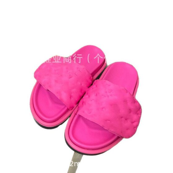 High Version Lu Jia Daily Hair Thick Bottom Velcro Bread Slippers Sandals for Men and Women Printed Embossed Flat Shoes plus size