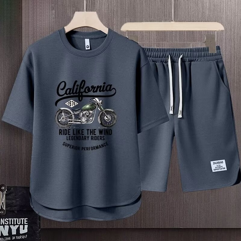 Men's Clothing 2024 Waffle Casual Summer Suit Men's Loose Teen Short sleeved T shirt Shorts Handsome Two piece Suit_desvips.com