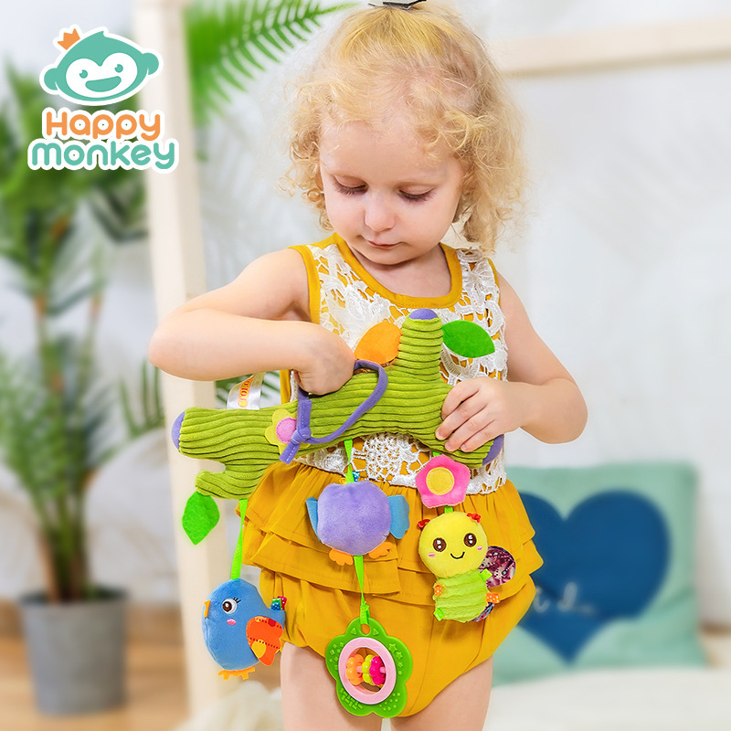 Juguete de peluche relajante con sonajero para colgar en la cuna o cochecito de bebé, con diseño de mono feliz.