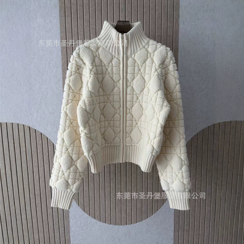 Shenzhen Nanyou, non-market version, 2026 autumn/winter new collection: women’s diamond-patterned, stand-up collar, wool knit, zip-up sweater coat