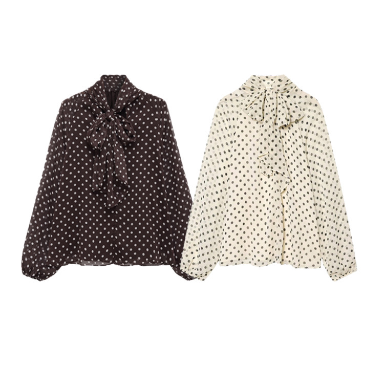 Dam blus med prickar långärmad med midjeband casual_voghion.com