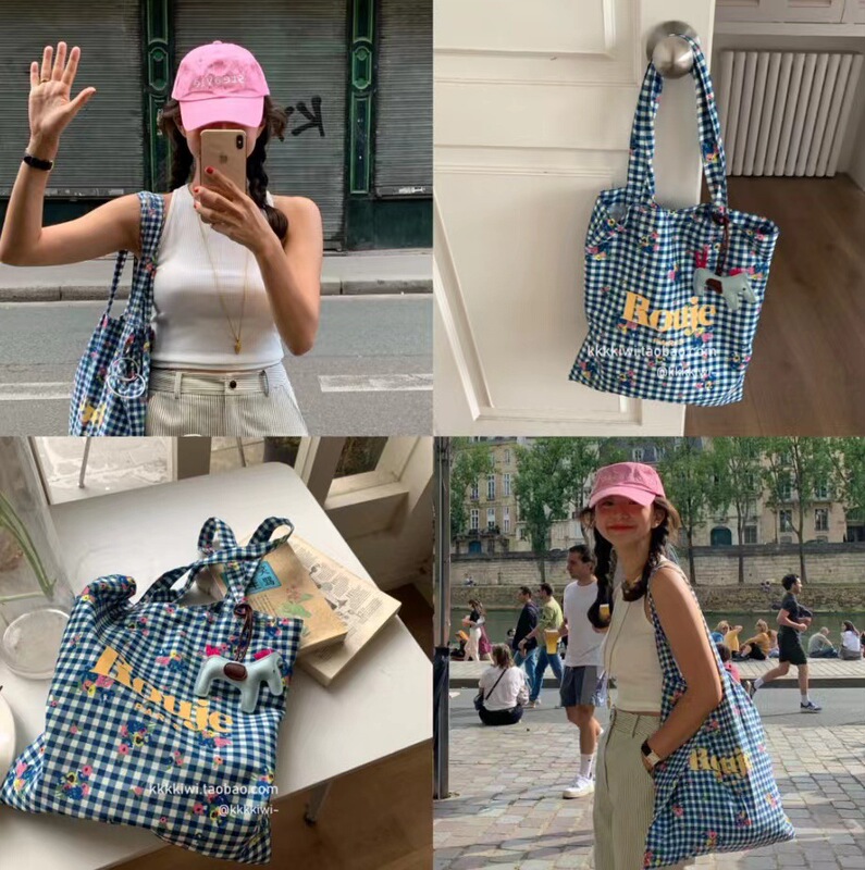 Moon/Blue Plaid Floral Print Single-Shoulder Rouje Canvas Bag 2023 New Model Bag Same Style as Ins Bloggers