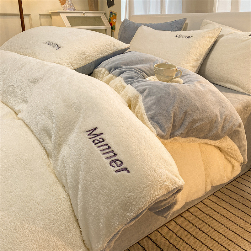 Juego de cama de lana de leche de invierno de cuatro piezas 2024 nuevo juego de sábanas de lana de coral de tres piezas