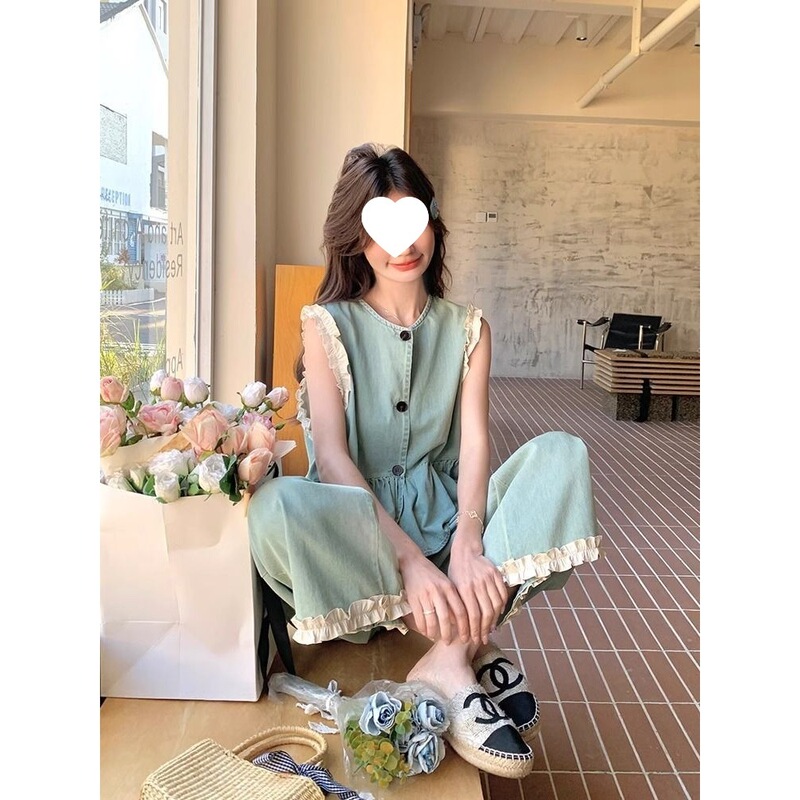 Summer Plus-Size Lace Patchwork Denim Vest + Casual Pants Set for Women, 150kg Chanel-Style Two-Piece Trendy Set
