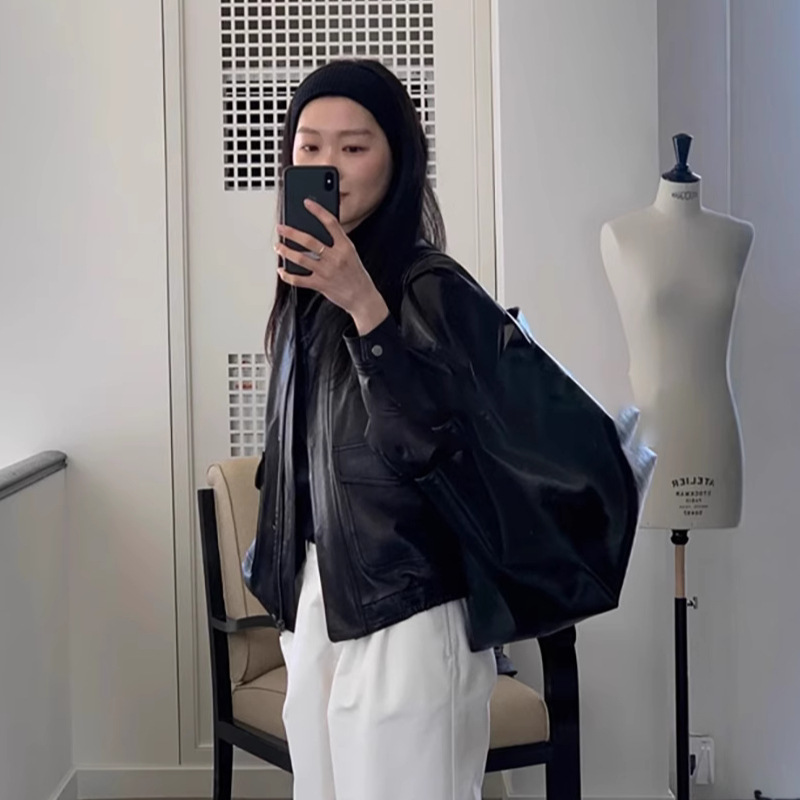 Spot Stand Collar Black Leather Jacket for Women 2025 Spring Korean Ins Retro Casual Simple Motorcycle Leather Jacket Nw