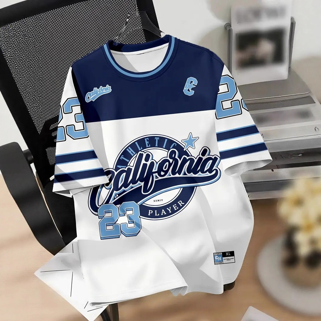 Camiseta estilo esportivo europeu e americano sexy retro americano transfronteiriço 2025, camisa solta de rua com decote em V e mangas curtas.