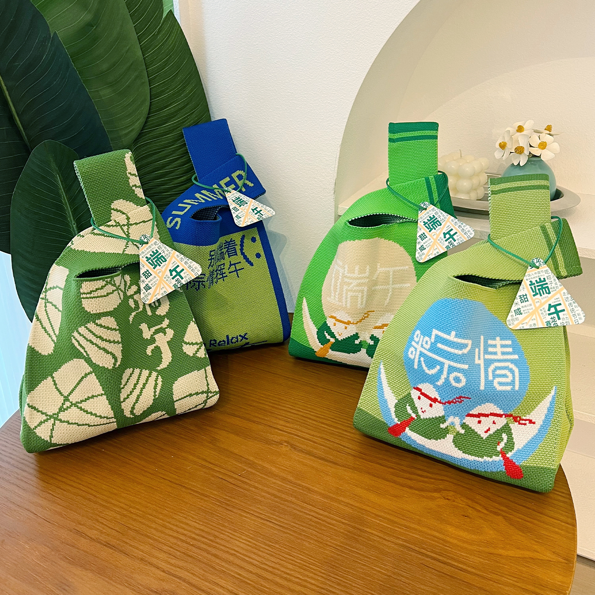 2025新款端午节粽情礼品袋大容量实用针织手提包过节送礼手提袋