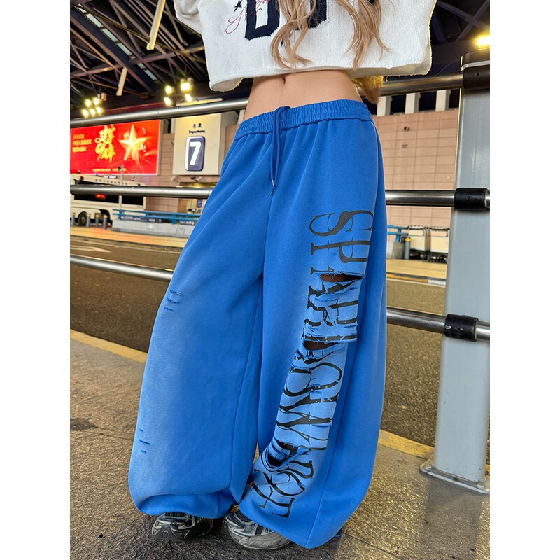 American Retro Ripped Letter Elastic Waist Sweatpants for Women, Autumn Loose Wide-Leg Drapey Lazy Relaxed Pants