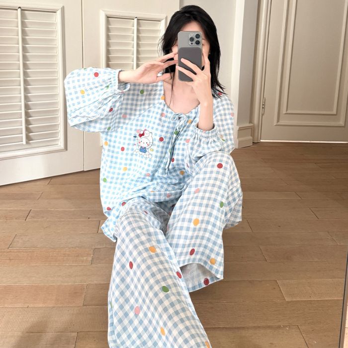 Al por mayor transfronterizo de otoño nubes de algodón cuello redondo mangas largas pantalones pijamas de mujer trajes creativos princesas estilo coreano ropa para el hogar