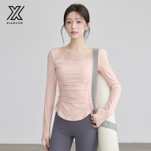 新款瑜伽服长袖美背显瘦健身上衣褶皱收腰弹力运动服含胸垫普拉提