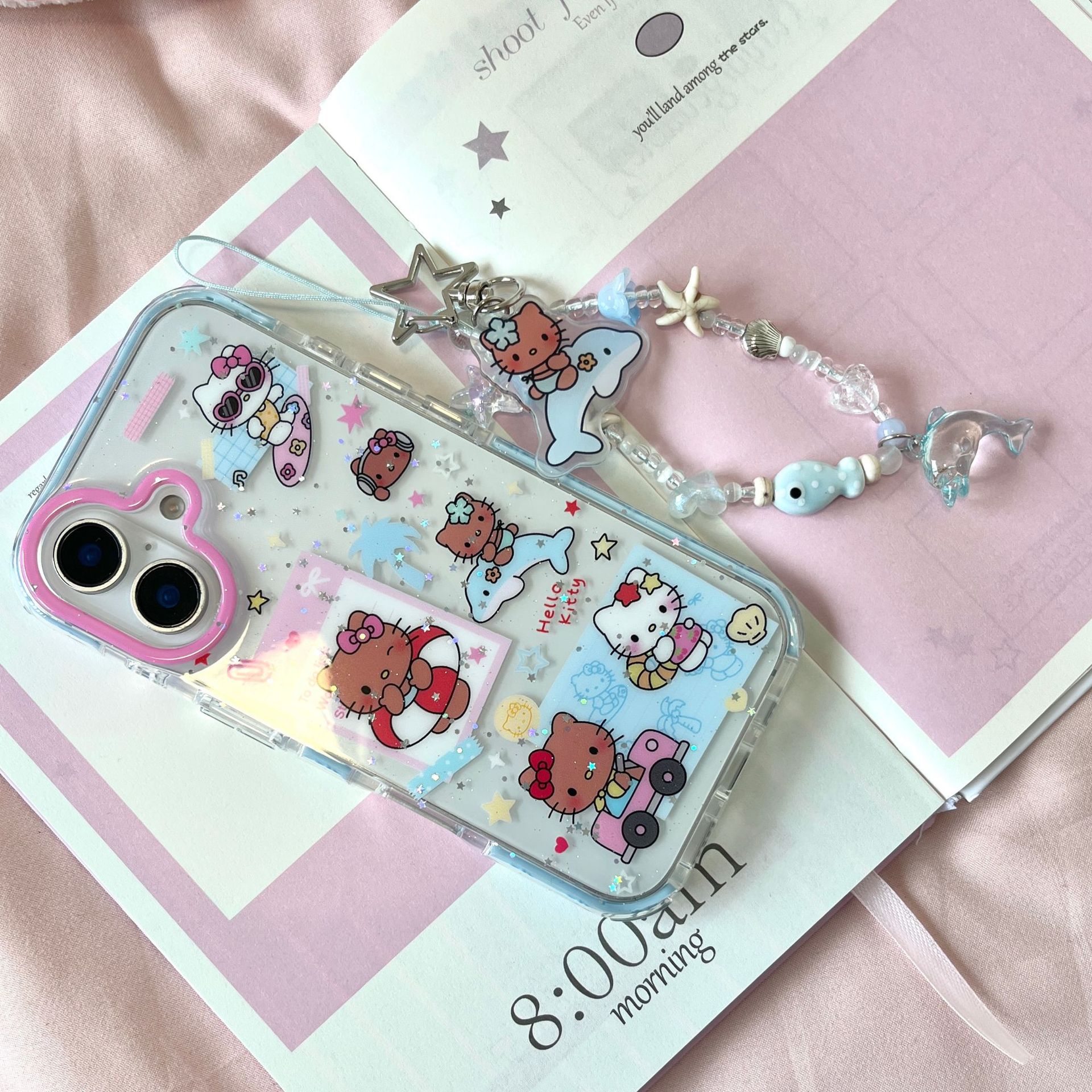 Dibujos animados coreanos piel negra KT gato para Apple 16ProMax funda para teléfono móvil 15Pro cadena 14/13 nicho 15PM