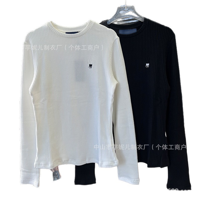 南油女装25秋季新款高版本羊毛坑条圆领刺绣logo软糯打底上衣女|undefined