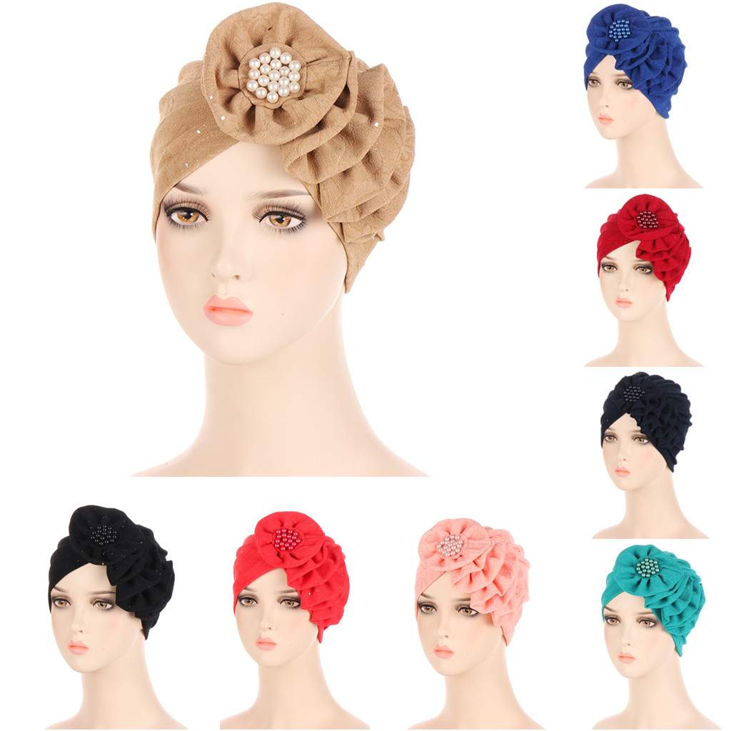 AliExpress 새로운 Four Seasons 멀티 컬러 꽃 황금 주름 긴 싱글 사이드 아플리케 헤드 스카프 모자 패션 스트리트 샷 모자
