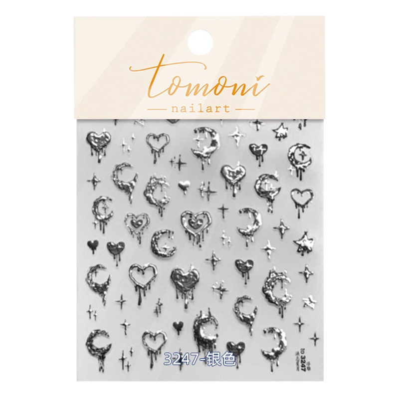 Pegatinas para uñas 2025, nuevas, tridimensionales, con estampado en caliente, plateadas, de lujo, con diseño de corazón, luna líquida, estrella, decoración de uñas, estilo oscuro