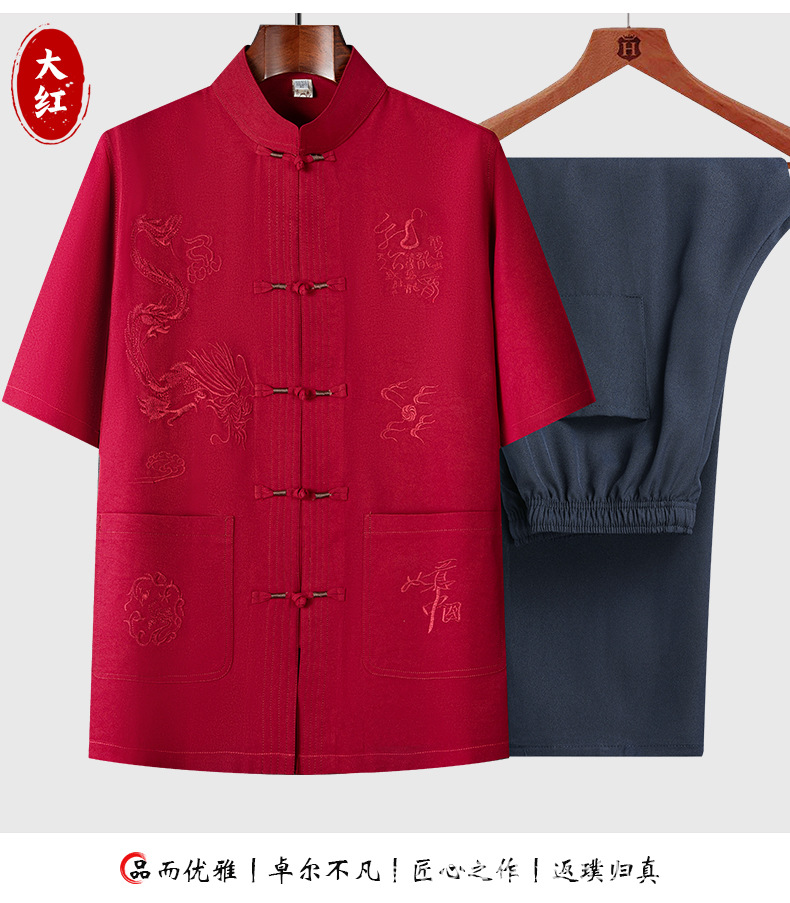 国潮唐装夏季男士短袖套装爸爸中老年薄款汉服中国风休闲短袖衬衫立领详情16