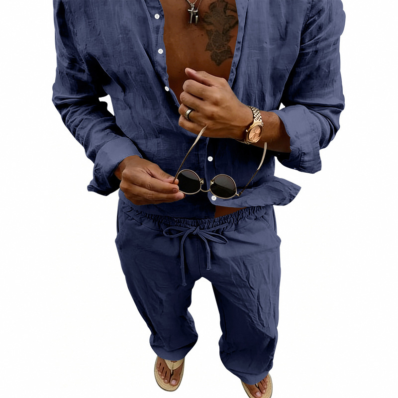 Herren Leinen Freizeithemd Und Hose Set Langarm Anzug_voghion.com