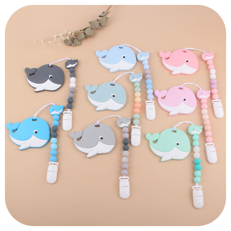Suministros para bebés de silicona ballena mordedor chupete traje bebé de silicona chupete clip Amazon cadena anti-caída Nuevo