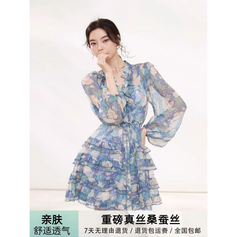 Silk Dress 2025 Spring and Summer New Style Slimming Look High-End Cake Skirt Mulberry Silk Floral Fairy Skirt