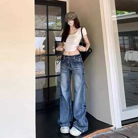 美式复古做旧抓痕牛仔裤女2026春夏新款高街宽松显瘦拖地喇叭长裤
