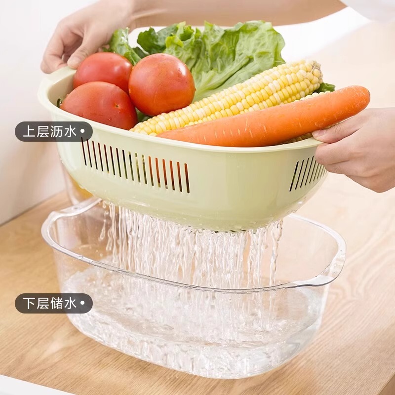 二層排水バスケット多機能新しい野菜洗いバスケット家庭用排水ボウル野菜洗いボウルキッチン果物洗い排水ボウル|undefined