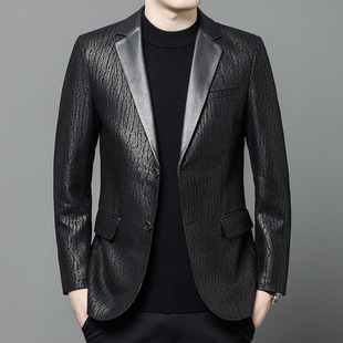 High-end Fashion Sheepskin Genuine Leather Men's Top Spring and Autumn New Business Casual Bark Pattern Suit Jacket