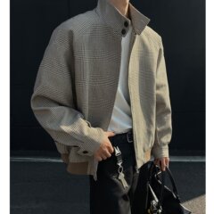 老銭風千鳥格コート男2025春秋カップルアメリカ復古潮牌青少年ゆるい立襟ジャケット