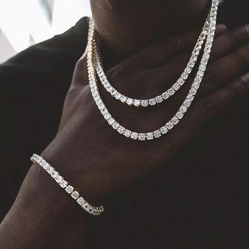 European and American hip-hop single row zircon necklace bracelet full of diamonds duck tongue buckle handmade tennis chain set cross-border wholesale