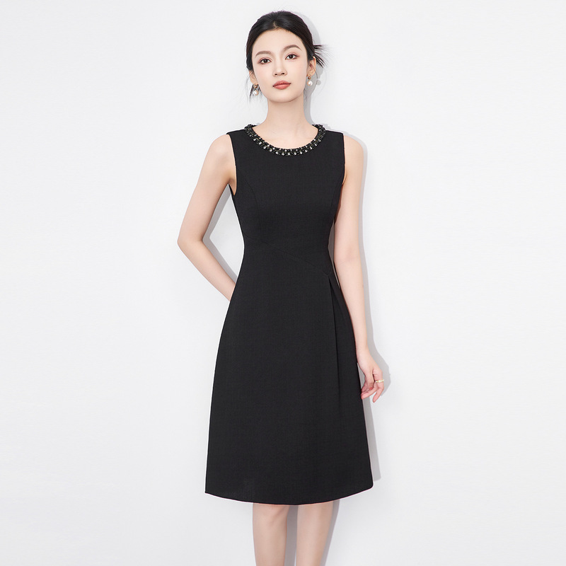 2511901-Hepburn French Style Beaded Formal Occasion Small Dress Cut Black Skirt Waist A-Line Dress