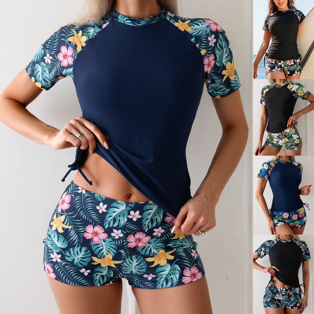 2026 European and American New Swimwear Foreign Trade Amazon Two-Piece High-Waisted Short-Sleeved Surf Suit Tankini