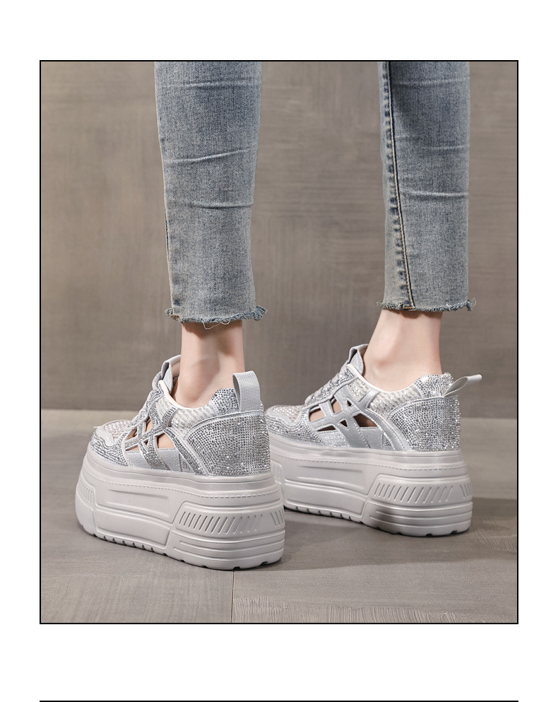 Giày sneaker nữ đế dày tăng chiều cao, phối đá rhinestone, lưới thoáng khí — màu trắng chi tiết 16