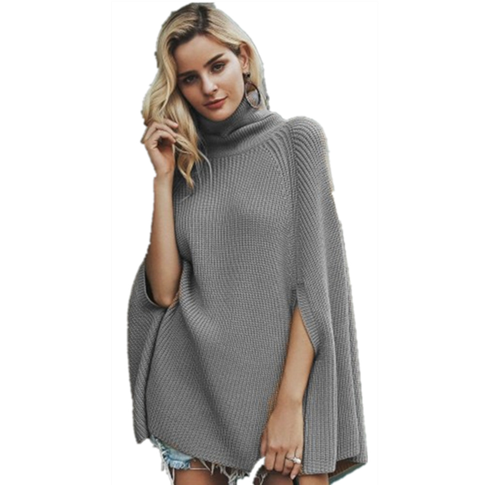 Damen-Strickwaren, mittellanger Rollkragenpullover, Cape-Pullover, unregelmäßiger Mantelpullover_voghion.com