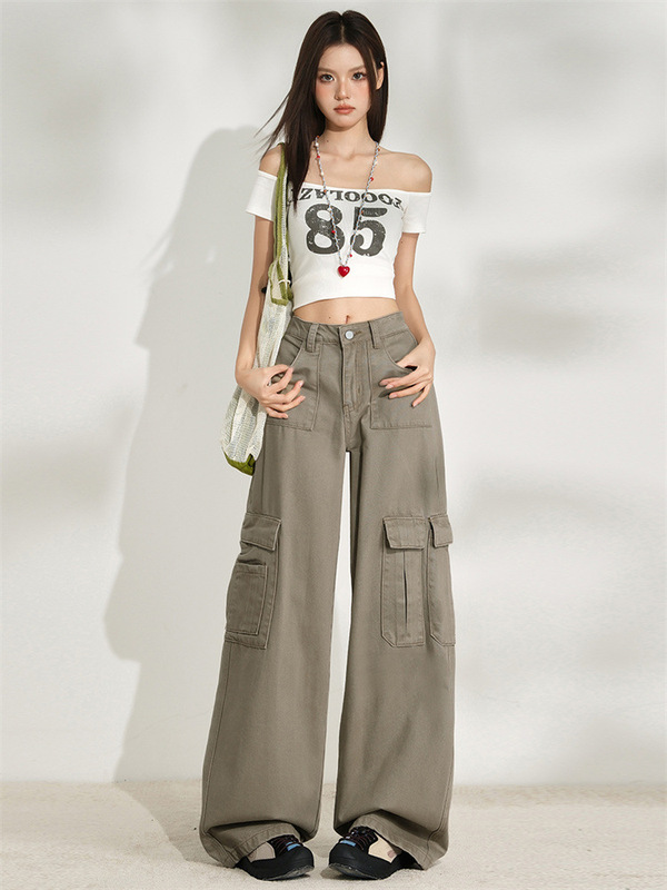 棕色美式甜辣风工装阔腿裤女2025年初秋新款复古休闲垂感拖地裤子|undefined