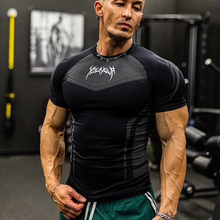 Youngal European and American New Fitness Clothing Coach Sports T-Shirt Bodysuit Men's High Elastic Training Clothing Fitness Clothing Short Sleeves