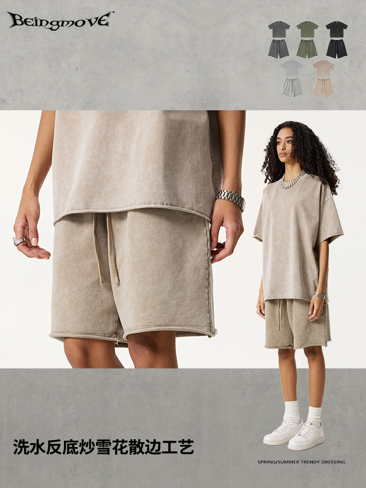 2025 verano europeo retro hacer viejas mangas cortas logotipo impresa camiseta cultural de gran tamaño camiseta de hombre set de pantalones de cinco puntos para hombres