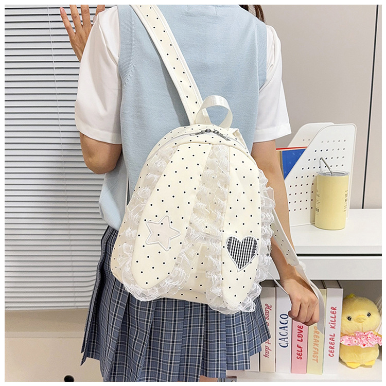 Indigo Smoke Mesh Bunny Ear Student Backpack Japanese Style Cute Girls School Bag High-Value Casual Versatile Travel Shoulder Backpack
