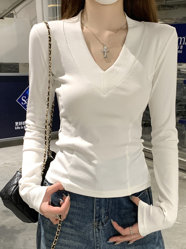韩版心机V领鱼骨线修身长袖打底衫女秋纯欲正肩纯色短款t恤上衣新|undefined