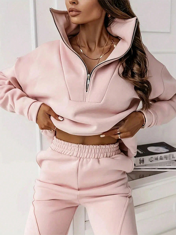 Dameskleding Mode Effen Kleur Forens Casual Staande Kraag Trui Broek Set Tweedelige Set_voghion.com