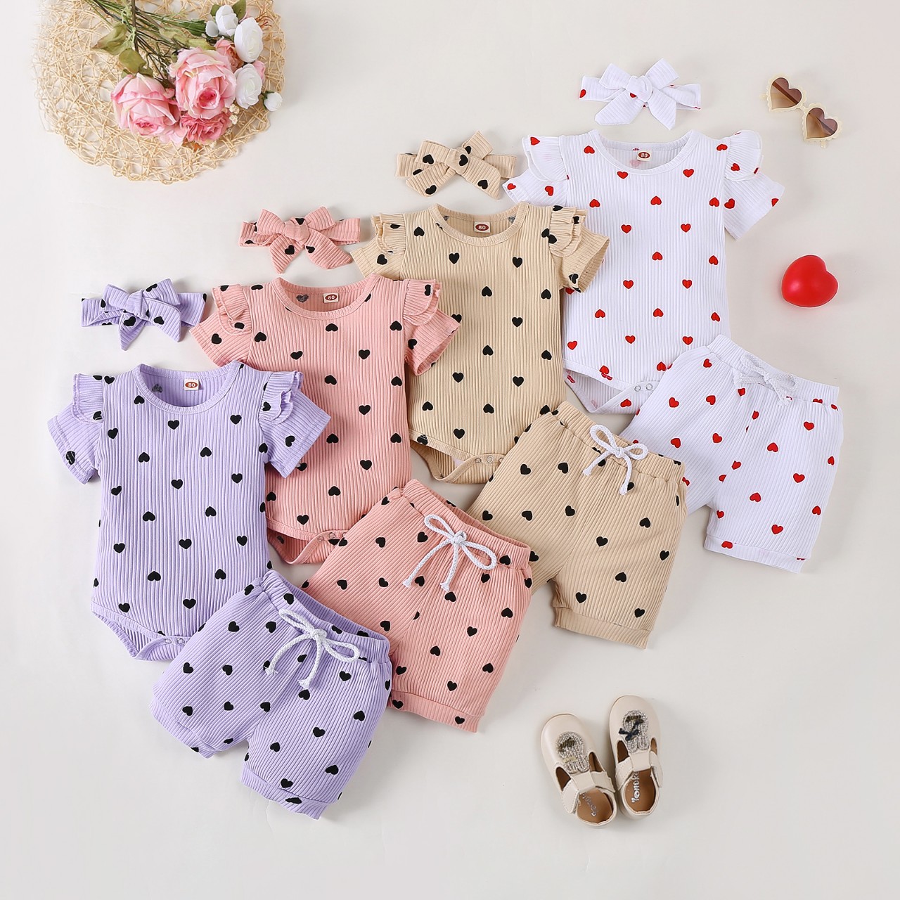 Cross-border Summer Baby Girl Love Printed Hare Multi-color Short-sleeved Shorts Bow New Three-piece Set