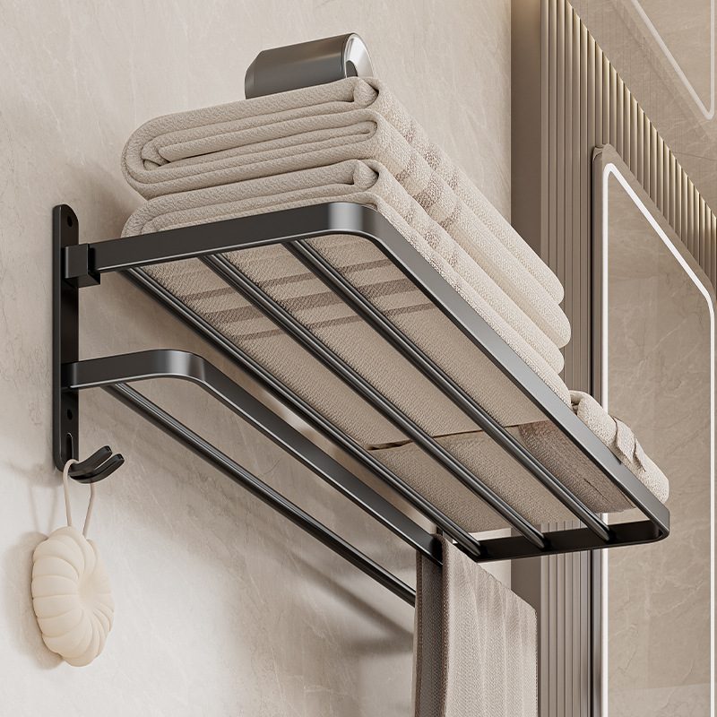Space Aluminum Punch-Free Towel Rack Hotel Towel Rack Foldableable Wall-Mounted Bathroom Storage Rack Shower Room Rack