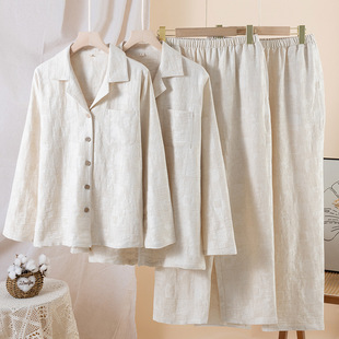 Casual Pure Color Cotton and Linen Pajamas for Couples, Spring, Autumn and Summer Thin Men's and Women's Home Clothes Sets That Can Be Worn Outside with Long Sleeves