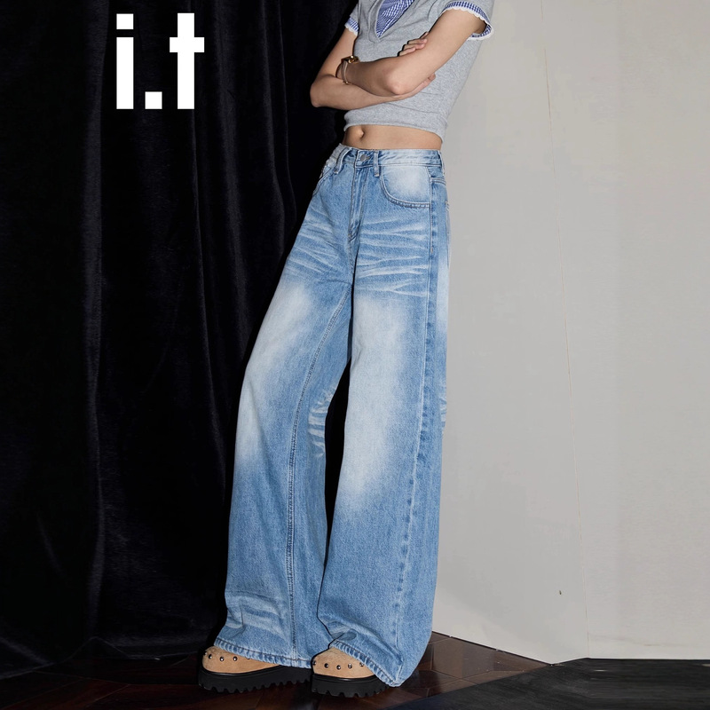 Wrinkled Washed 2025 New Design Jeans for Women Medium Blue Wide Leg Pants Distressed High Waist Loose Floor Mopping Pants